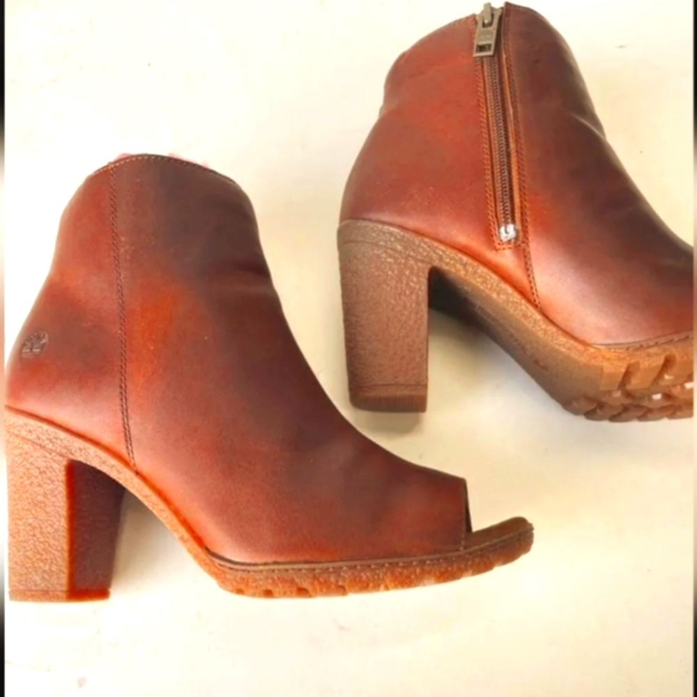New Timberland Women's Tillston Peep Toe Brown Leather Ankle Bootie Size 9.5